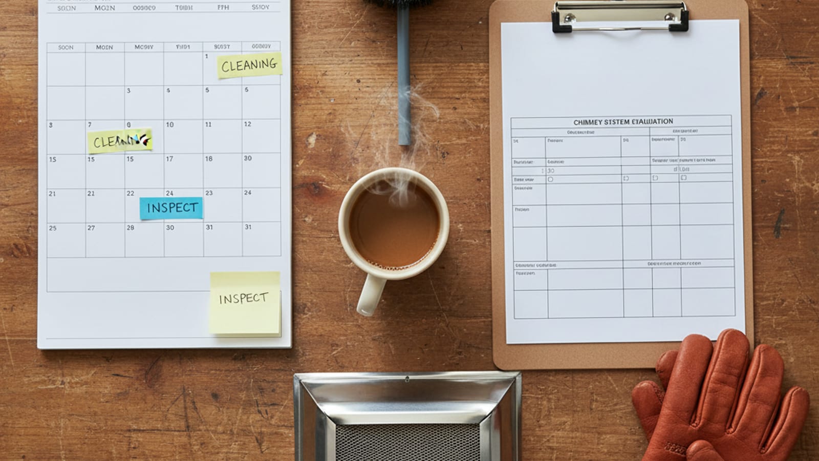 Overhead flat-lay of a wall calendar with annual chimney service dates highlighted beside a chimney brush inspection clipboard and stainless steel chimney cap