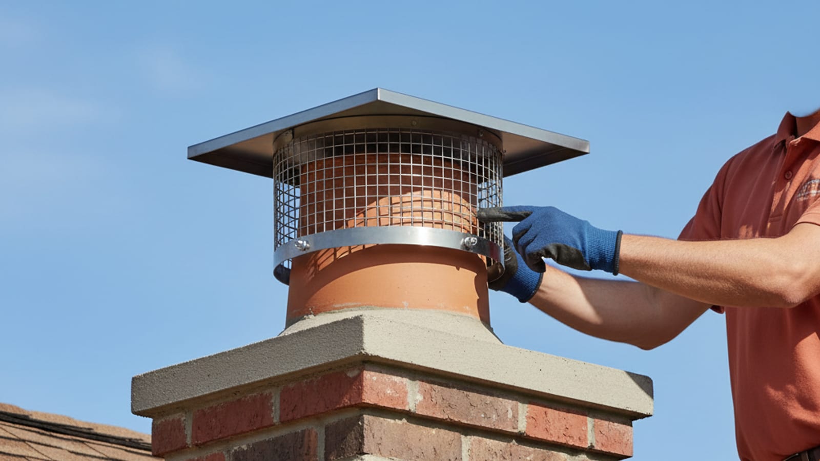 Three styles of chimney caps laid out side by side: galvanized single-flue, stainless steel single-flue with mesh, and a multi-flue chase cover