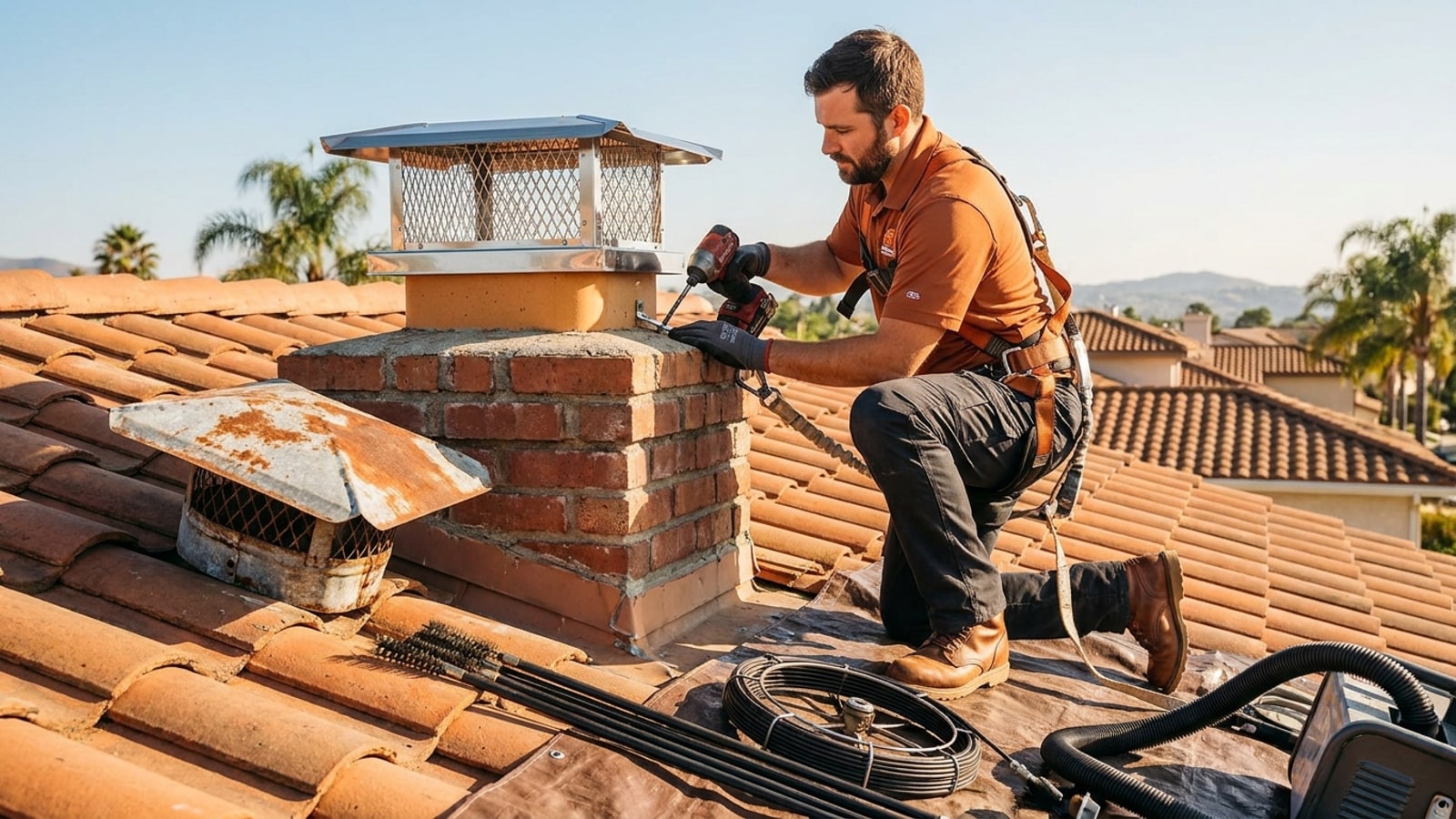 A technician in a warm terracotta polo with a safety harness installing a new stainless multi-flue chimney cap on a tile roof in San Diego