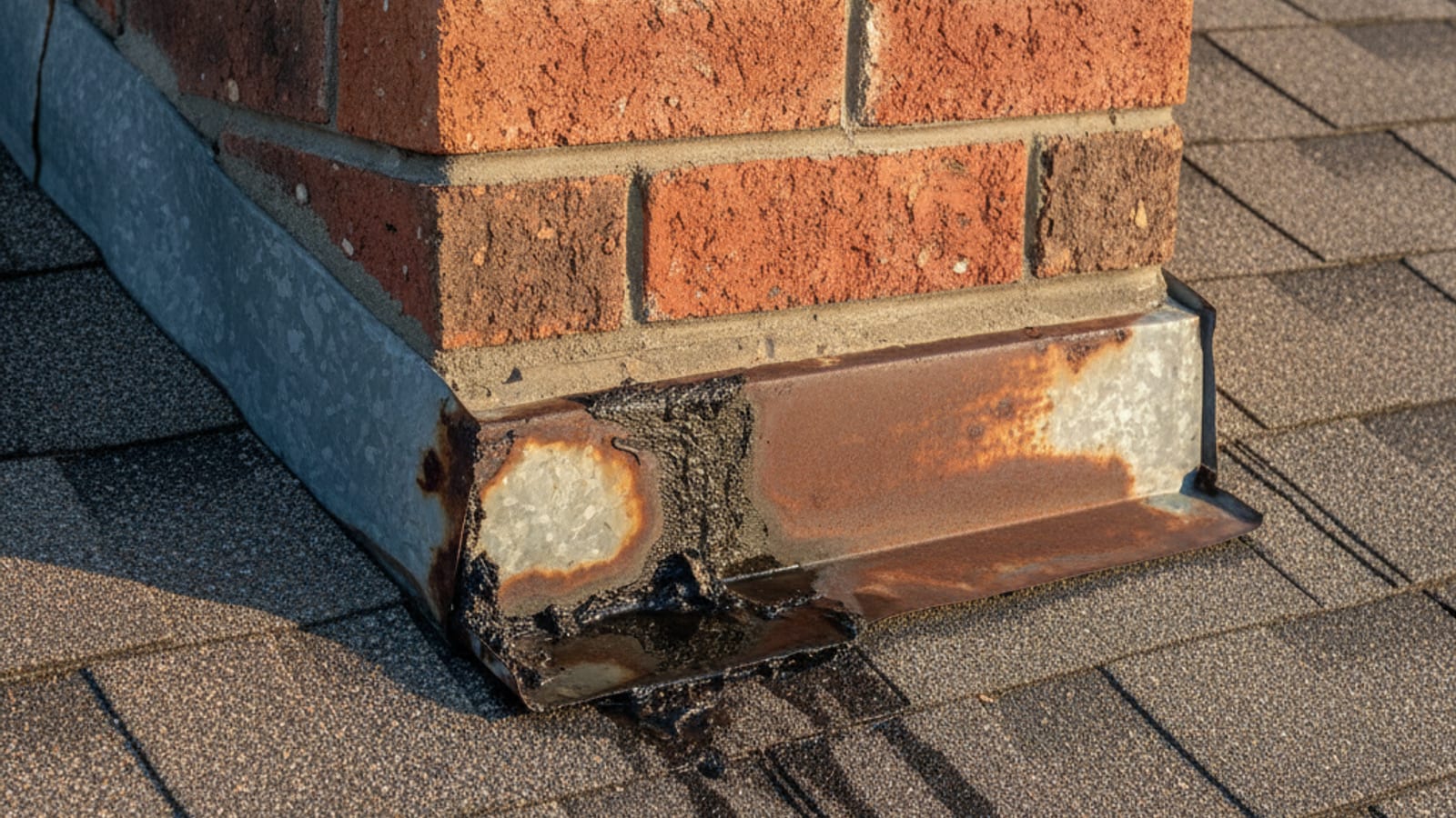 Close-up of failed galvanized step flashing at the base of a brick chimney showing rust gaps and water staining on the shingles below