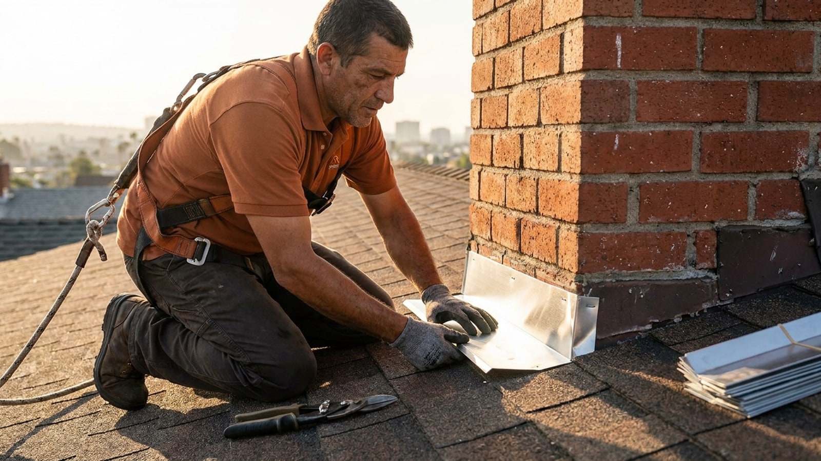 A technician in a warm terracotta polo with a safety harness installing new step flashing where a brick chimney meets asphalt shingles on a San Diego residential roof