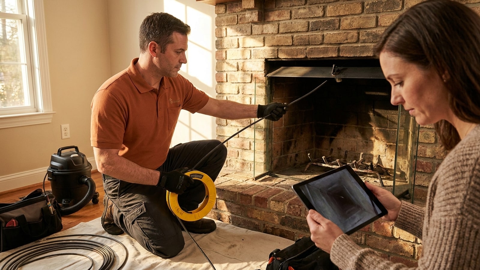 A technician in a warm terracotta polo feeding an inspection camera up a flue while showing a homeowner a tablet with the camera feed, realistic scene inside a living room with a brick fireplace