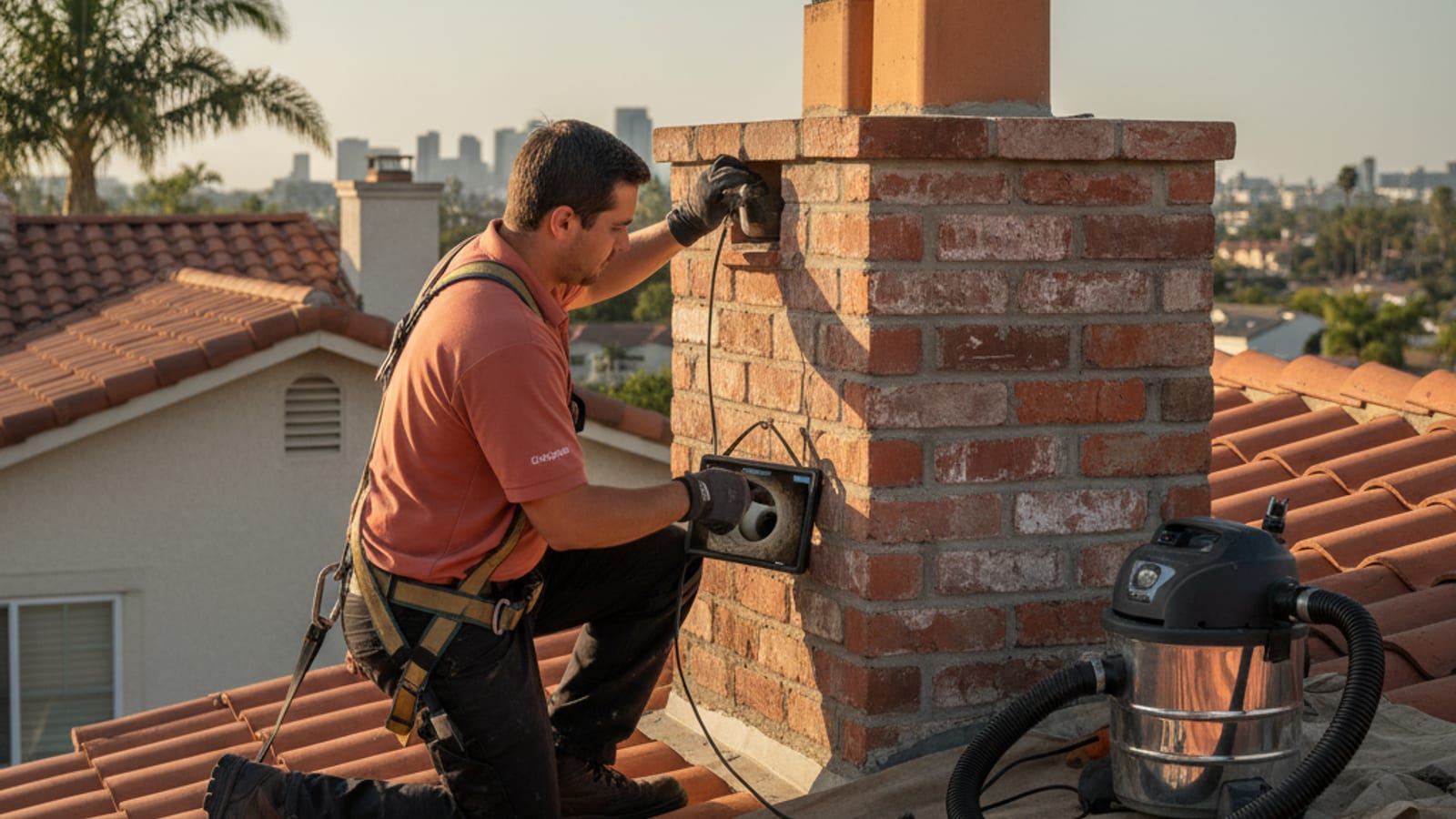 Chimney sweep technician operating a chimney inspection camera on a rooftop with the camera monitor showing a brick flue interior