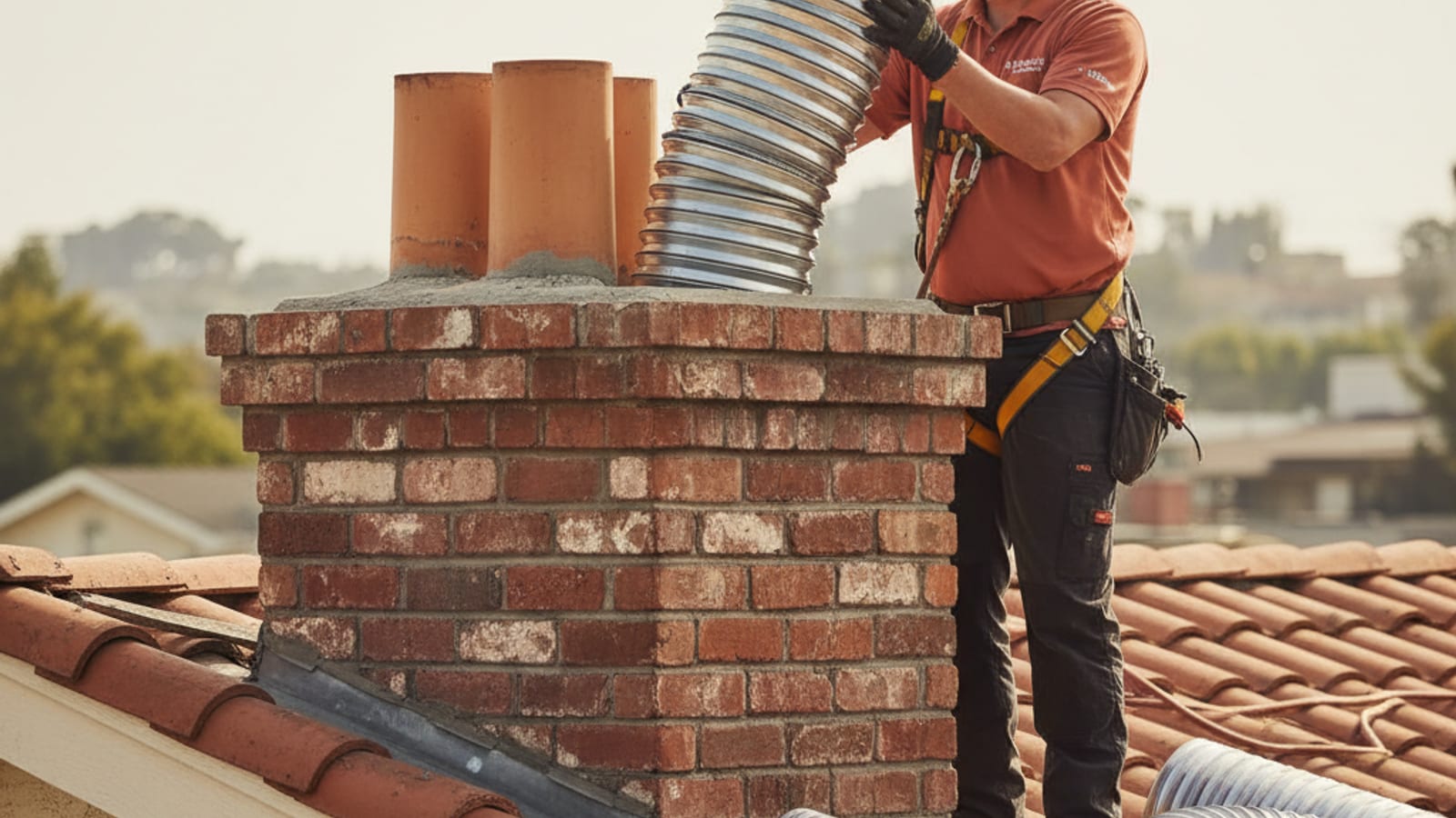 Stainless steel flexible chimney liner being lowered down a brick chimney from the roof during installation