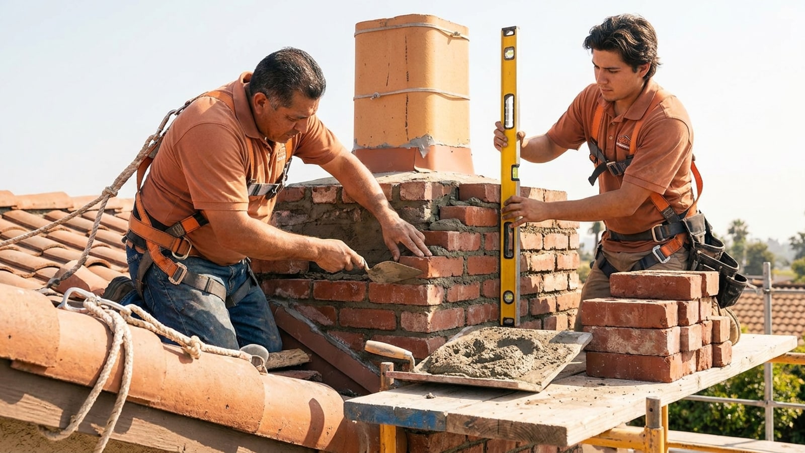 Two masons in warm terracotta polos rebuilding the brick courses of a chimney above a tile roofline with a mortar board and level, realistic, harnesses visible