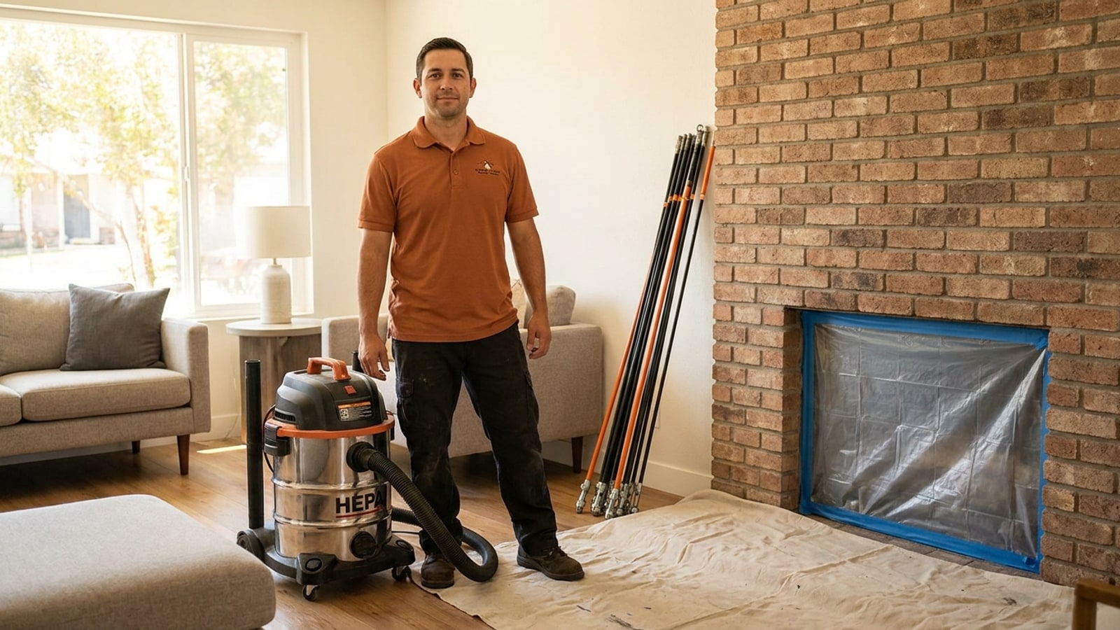 A friendly chimney sweep in a warm-terracotta Draft Pro San Diego polo beside HEPA vacuum equipment next to a brick fireplace in a modern Chula Vista home