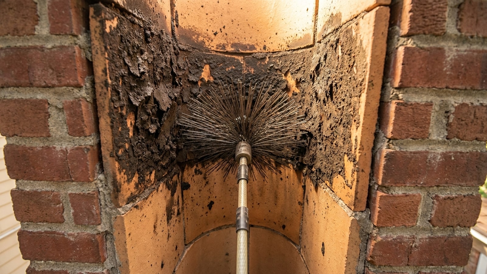 A cutaway diagram-style photo of a chimney flue showing creosote buildup and the sweep brushes used to remove it