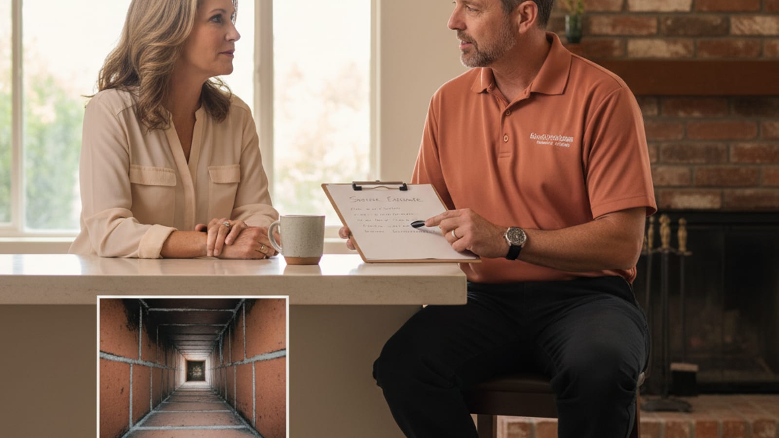 Chimney sweep technician in warm terracotta polo presenting a written estimate to a homeowner at a kitchen counter in a San Diego home