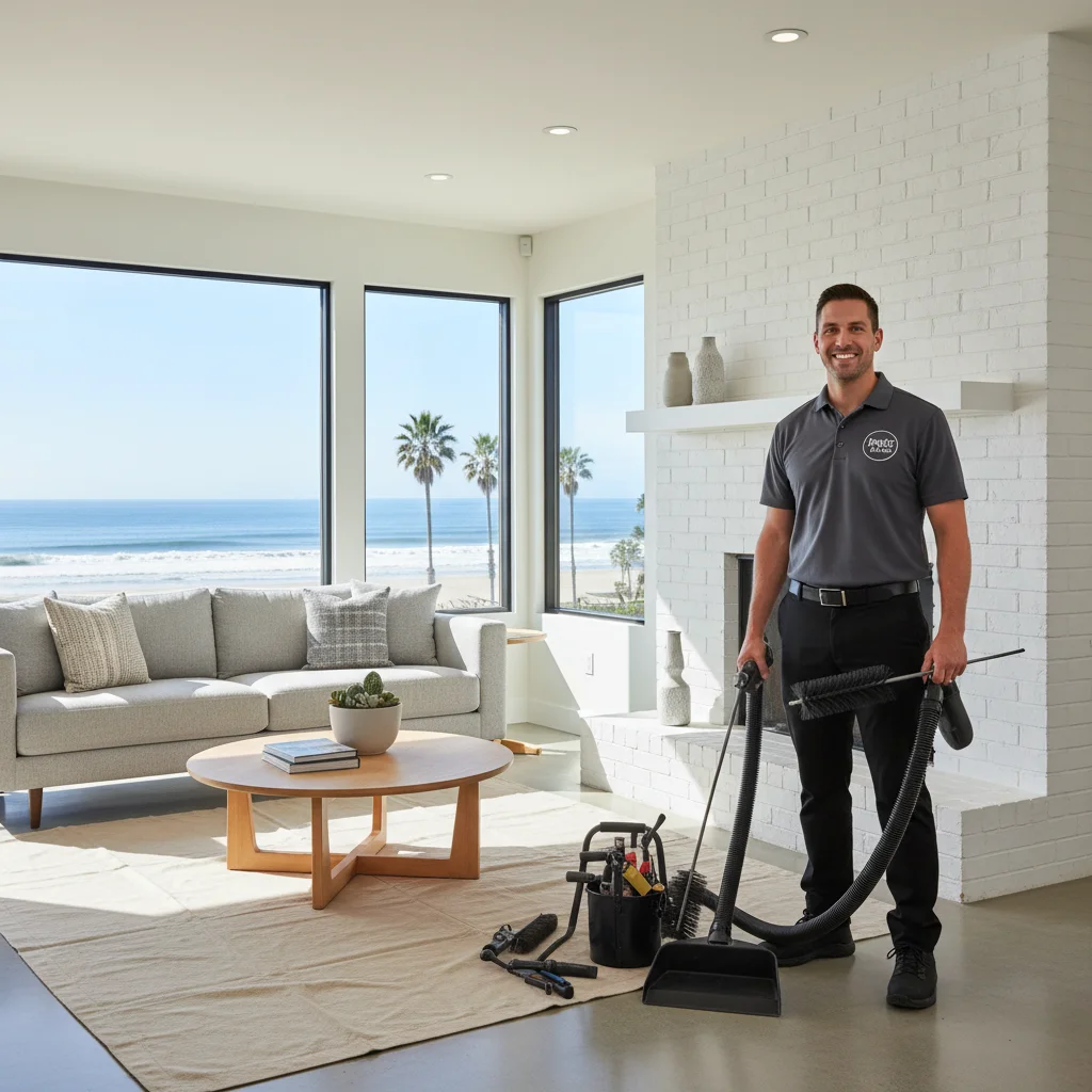 A clean, modern living room with a brick fireplace in an Oceanside, CA home, with a view of the ocean. A friendly chimney sweep in a Draft Pro San Diego uniform is smiling next to his equipment.