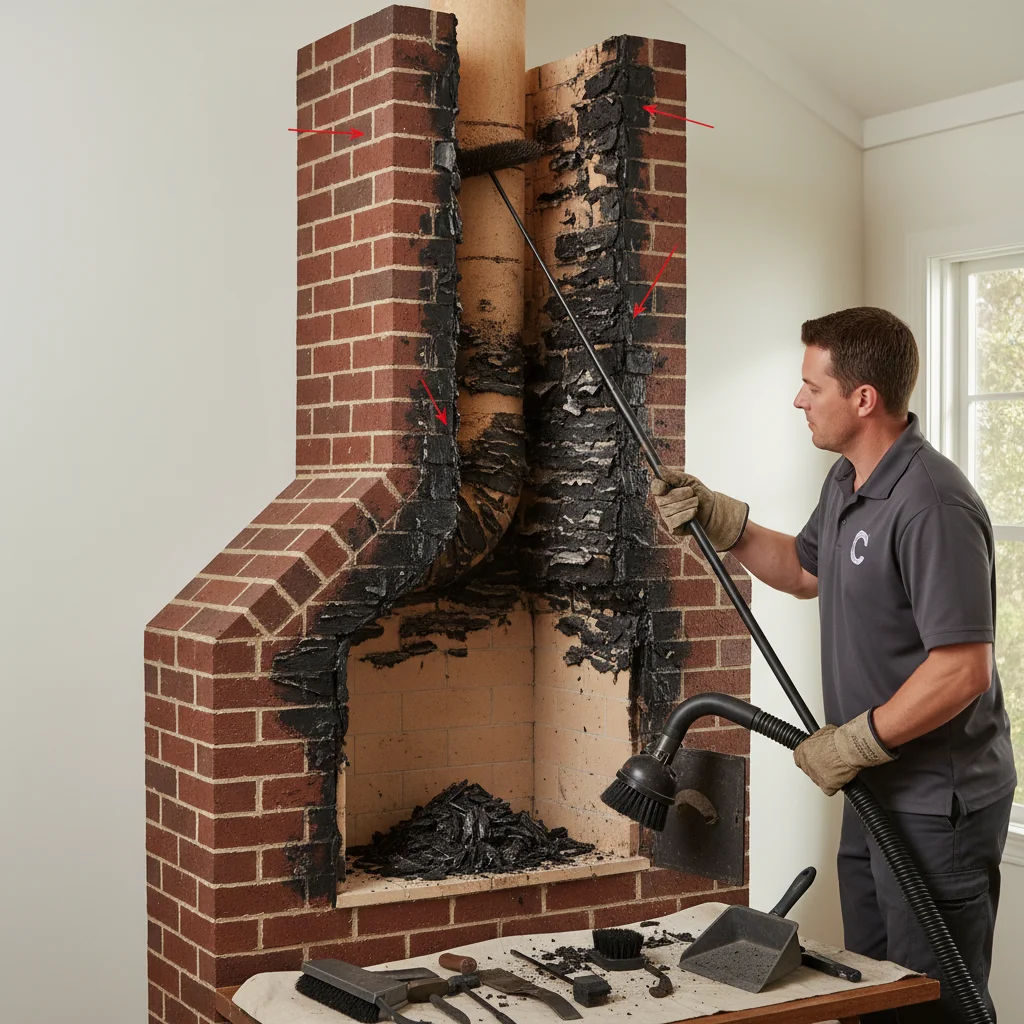 A diagram showing the inside of a chimney, pointing out where creosote builds up and the tools used to remove it.