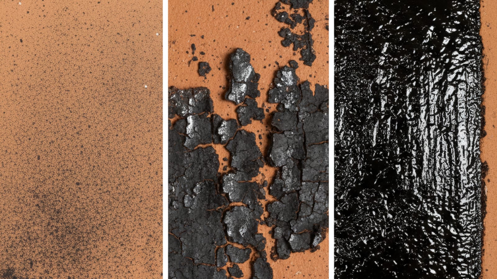 Three side-by-side macro views of clay chimney flue tile interior showing Stage 1 sooty, Stage 2 crusty, and Stage 3 glazed creosote