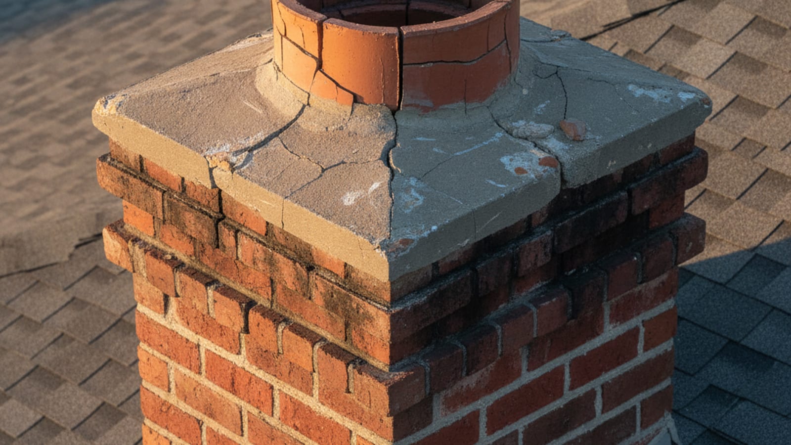 Cracked chimney crown viewed from the rooftop showing visible structural cracks across a mortar wash crown