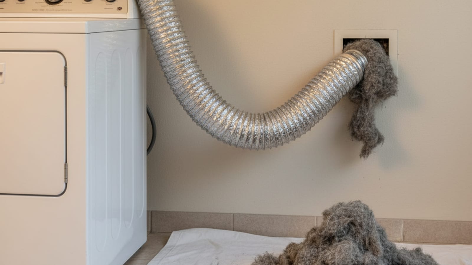 Chimney sweep technician cleaning a clogged dryer vent on the side of a San Diego home with rotary brush kit and HEPA vacuum