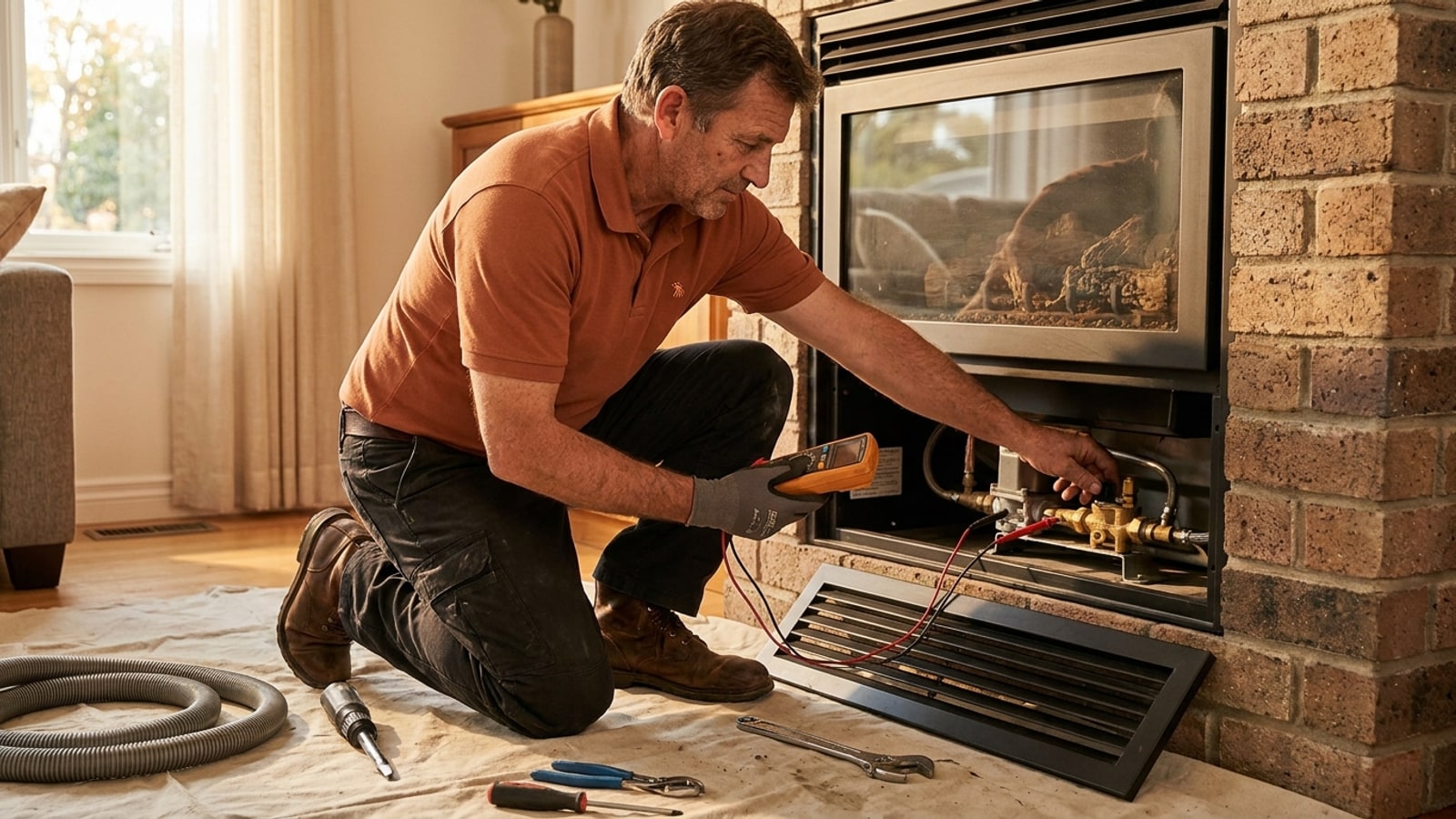 A technician in a warm terracotta polo using a multimeter to test a gas fireplace valve assembly inside an open firebox