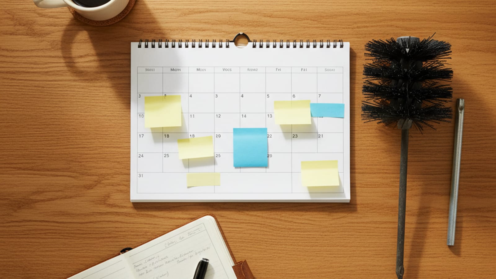 Wall calendar with sticky notes marking annual chimney service dates beside a chimney brush and inspection log on a wood surface
