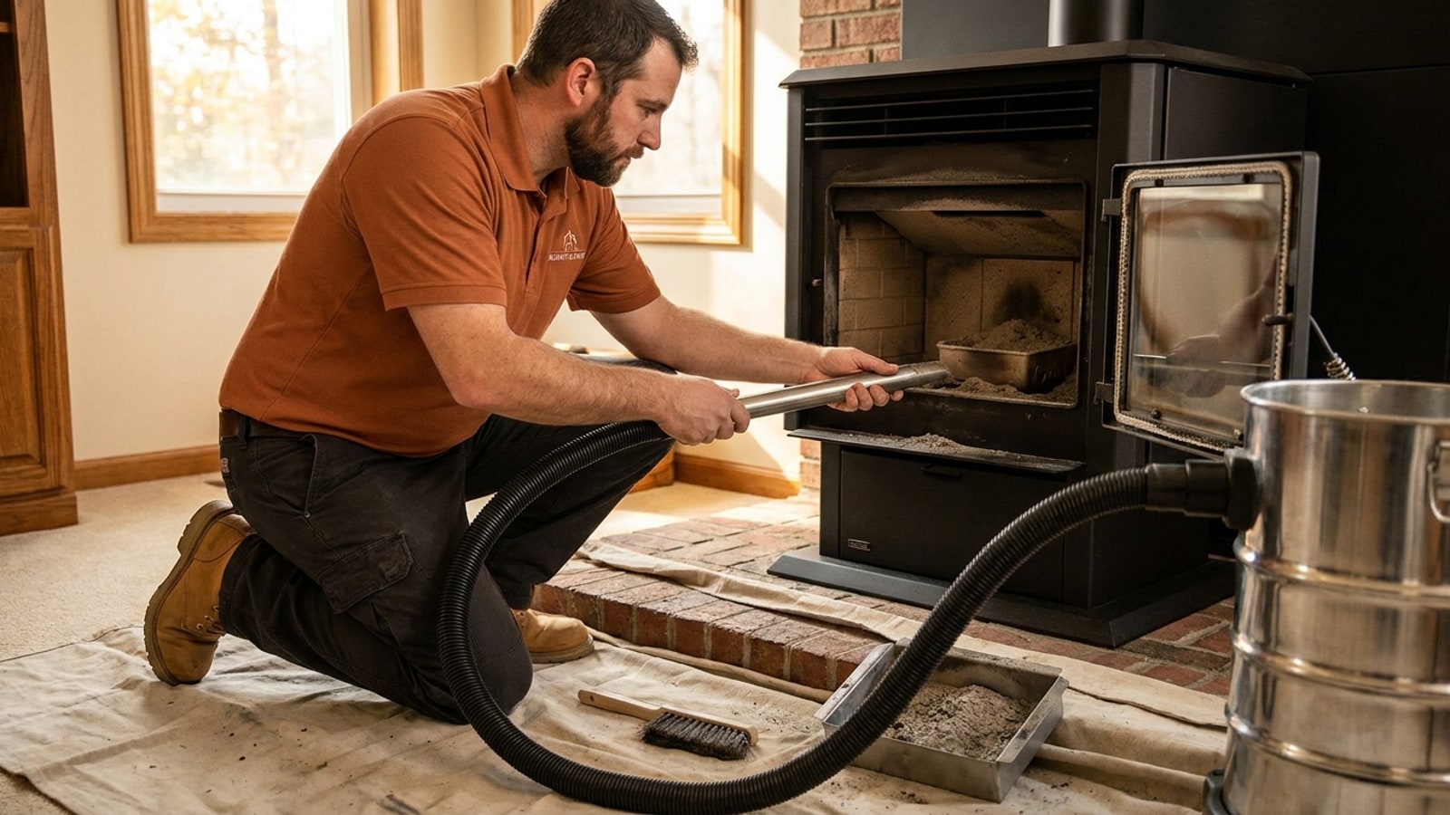A technician in a warm-terracotta polo vacuuming fly ash from an opened pellet stove burn pot during a professional cleaning service