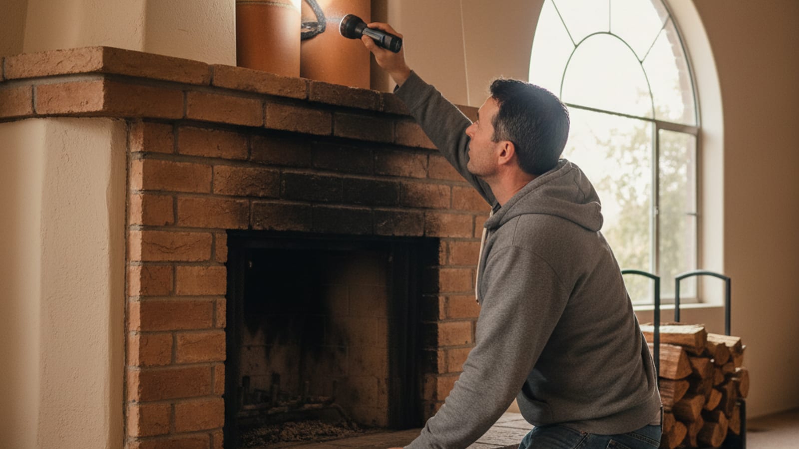 Homeowner kneeling at the open hearth of a residential masonry fireplace shining a flashlight up past the open damper to inspect for blockages