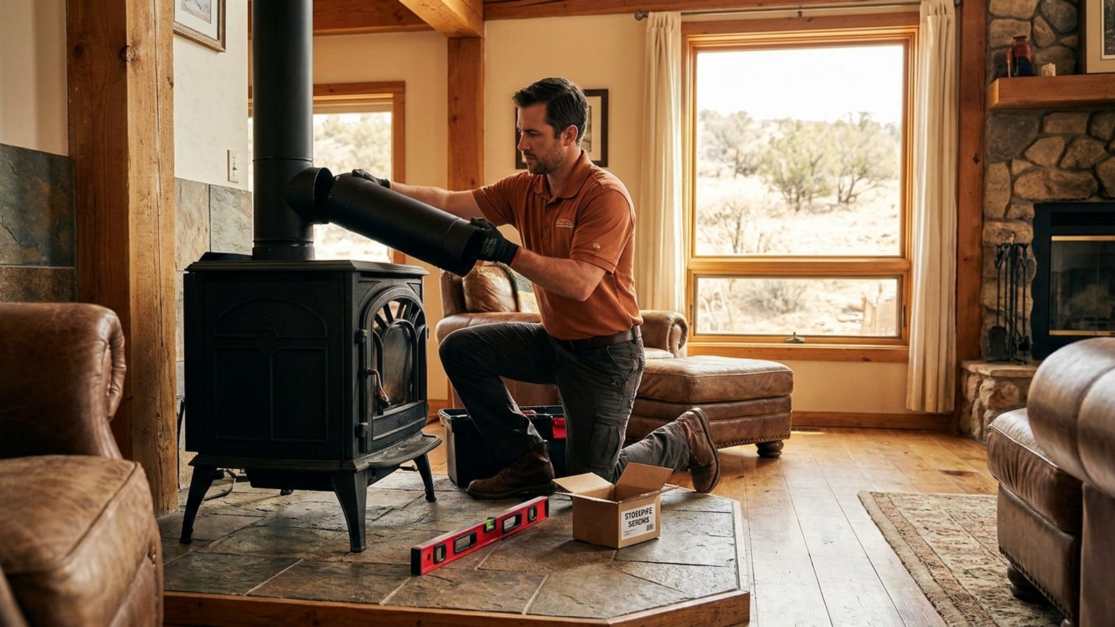A technician in a warm terracotta polo installing a freestanding wood stove with chimney connector pipe in a San Diego home