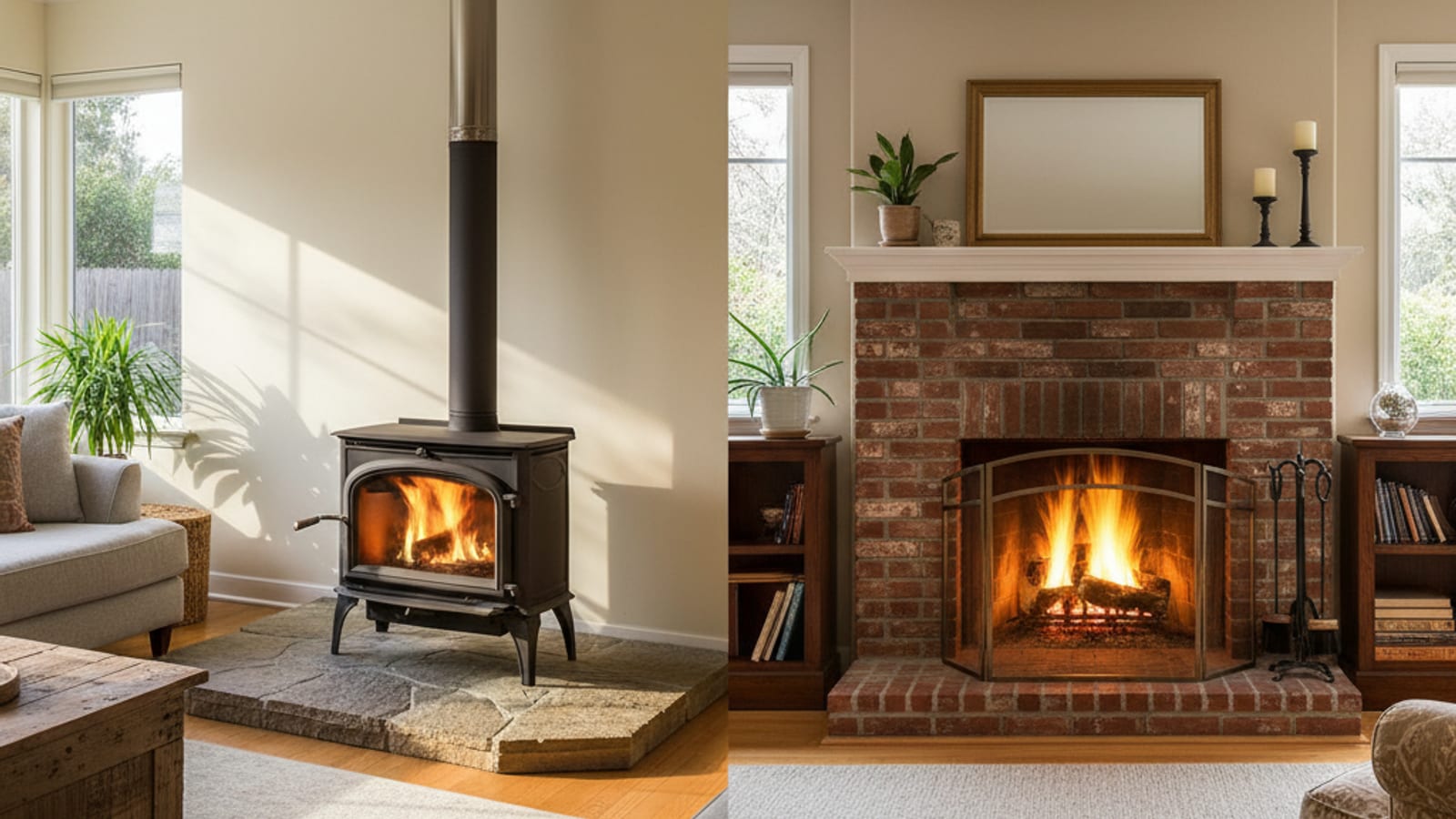 Comparison of an open masonry fireplace next to a modern EPA-certified wood stove insert in a San Diego living room