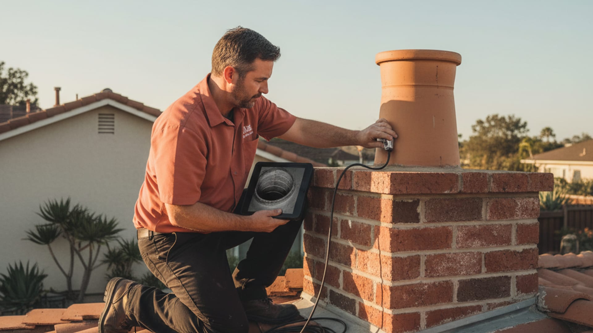 chimney sweep technician in warm terracotta polo using a chimney inspection camera on a San Diego rooftop