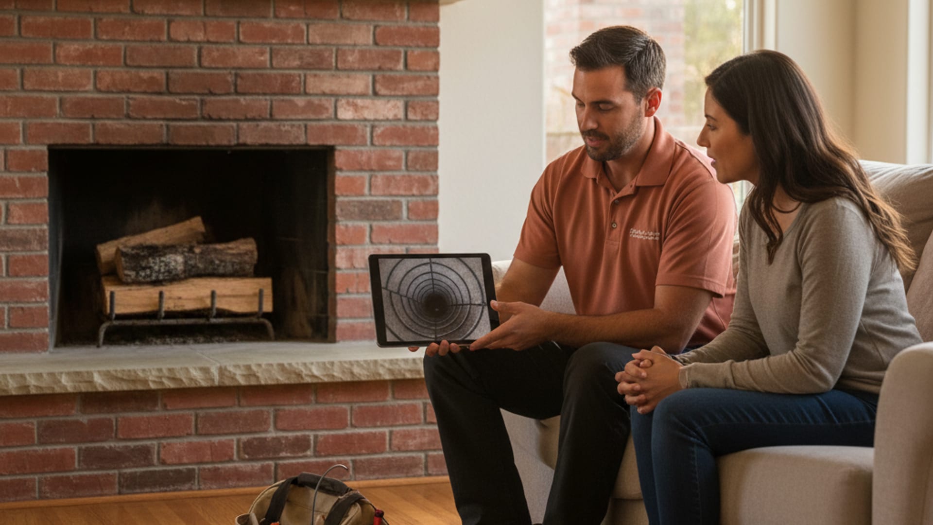 chimney sweep technician in warm terracotta polo showing a homeowner photos of a chimney inspection on a tablet inside a San Diego living room