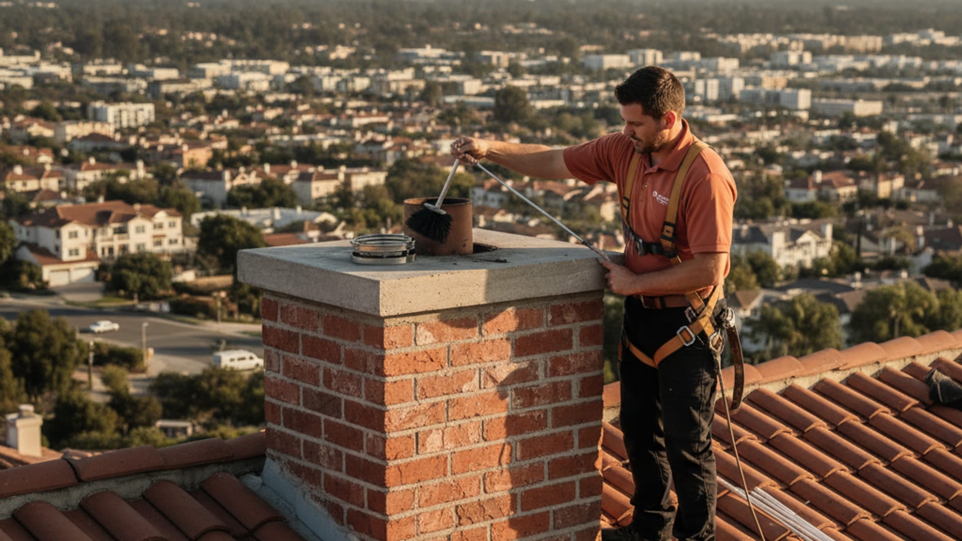 chimney sweep technician in warm terracotta polo brushing a masonry flue from the roof of a San Diego home