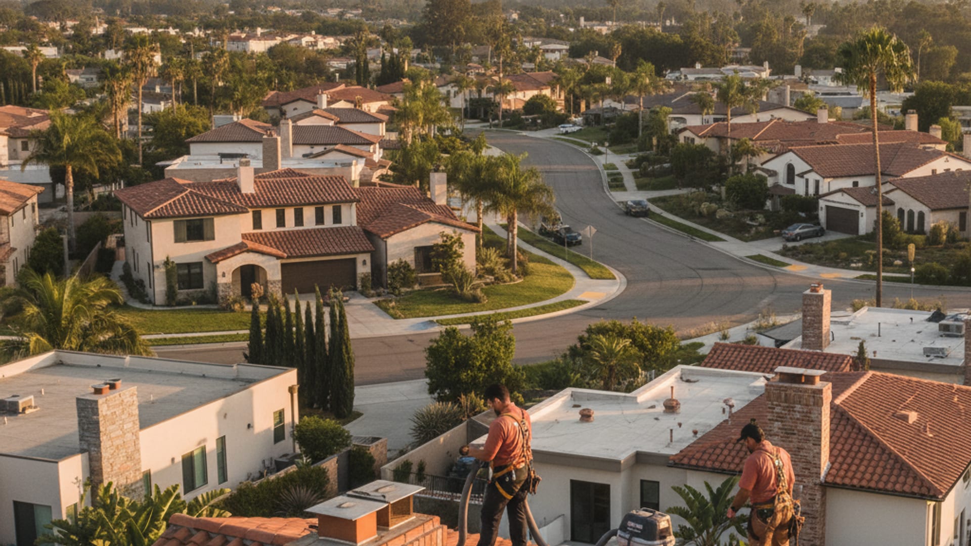 Aerial view of a San Diego County residential neighborhood with masonry chimneys and tile roofs at golden hour