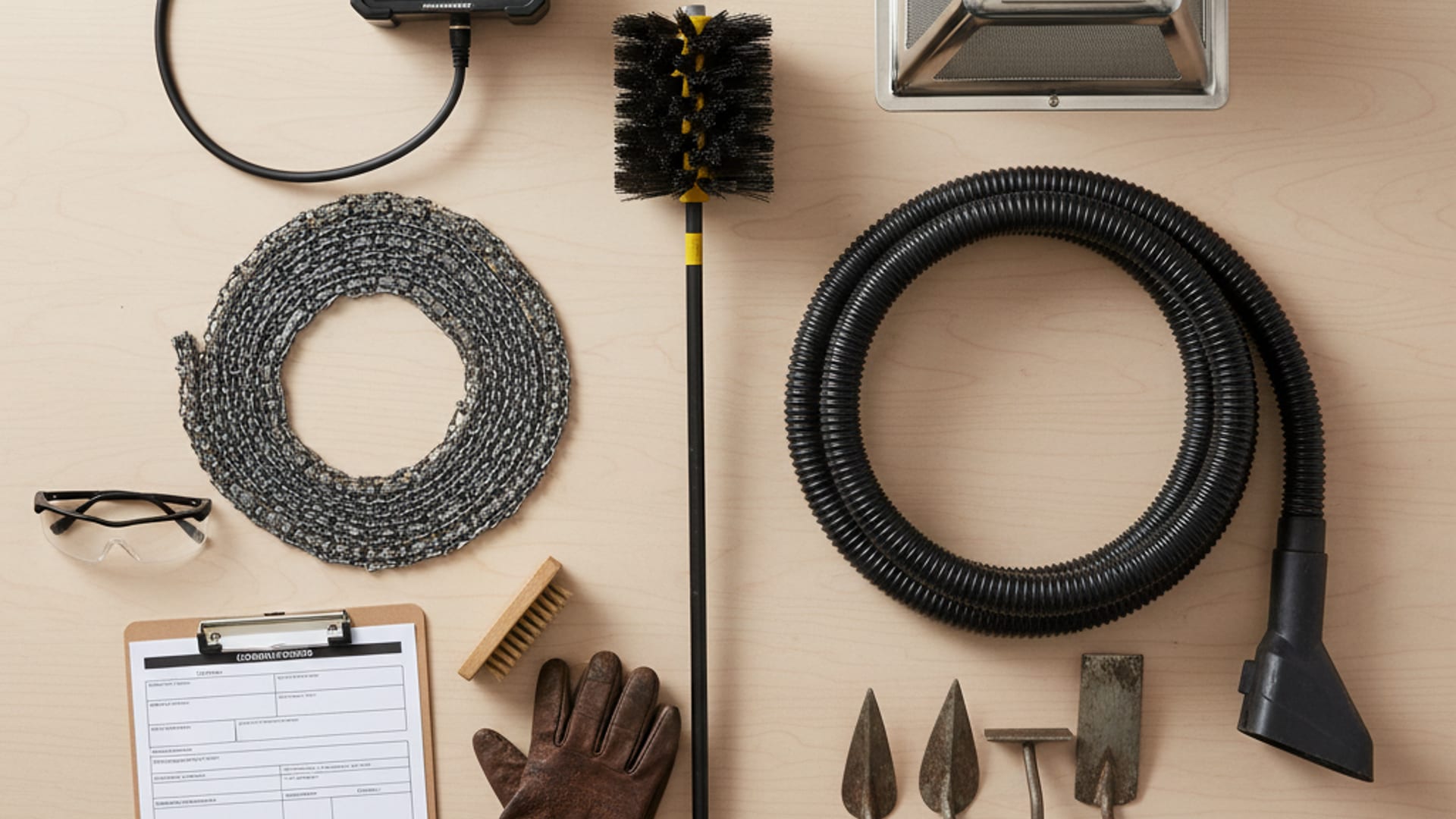 Overhead flat-lay of professional chimney sweep equipment including poly brushes, rotary chains, inspection camera, HEPA vacuum, and tools on a clean work surface