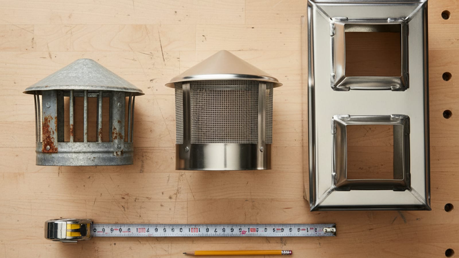 Stainless steel chimney cap with full perimeter spark-arrester mesh installed on a residential masonry chimney