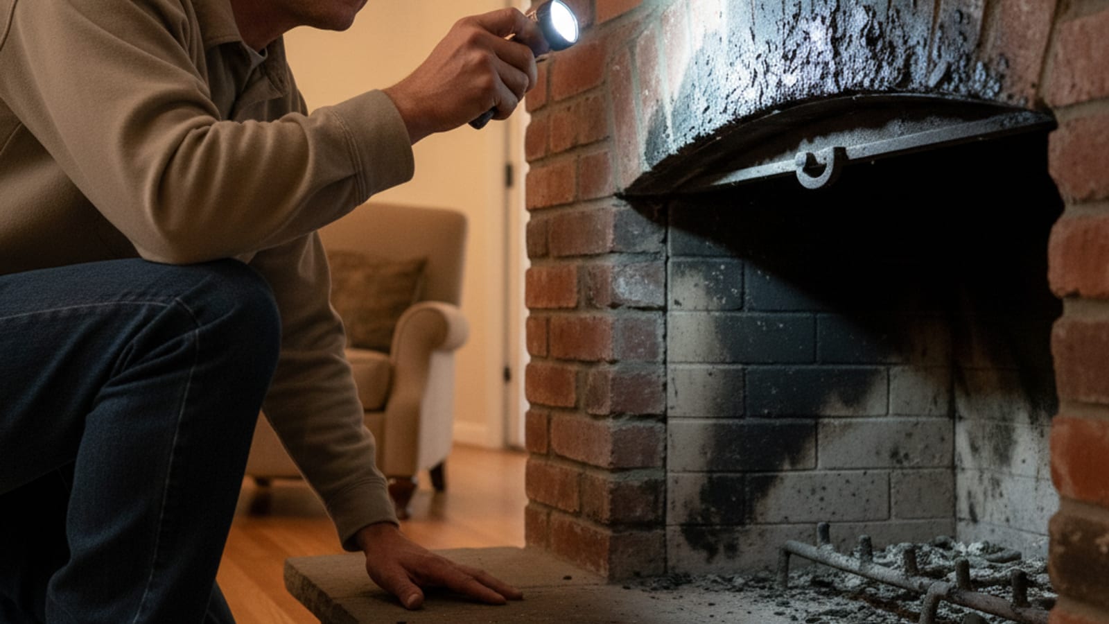 Close-up flashlight inspection of a residential chimney smoke shelf showing flaky creosote buildup, viewed from inside the firebox