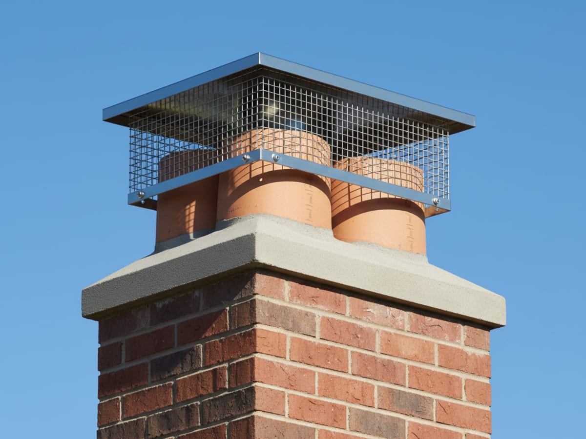 stainless steel chimney cap with spark-arrester mesh installed on a residential masonry chimney