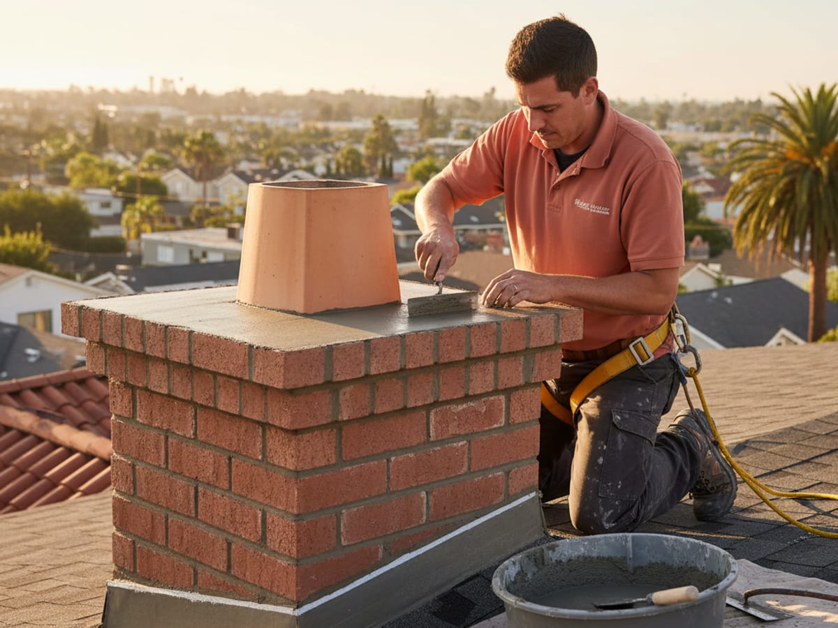 chimney sweep mason troweling a fresh concrete crown on a brick chimney