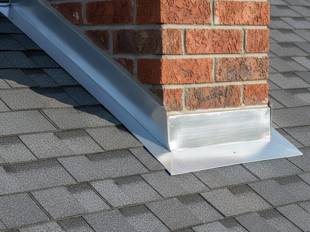 new copper chimney step flashing installed at the intersection of brick and asphalt shingles