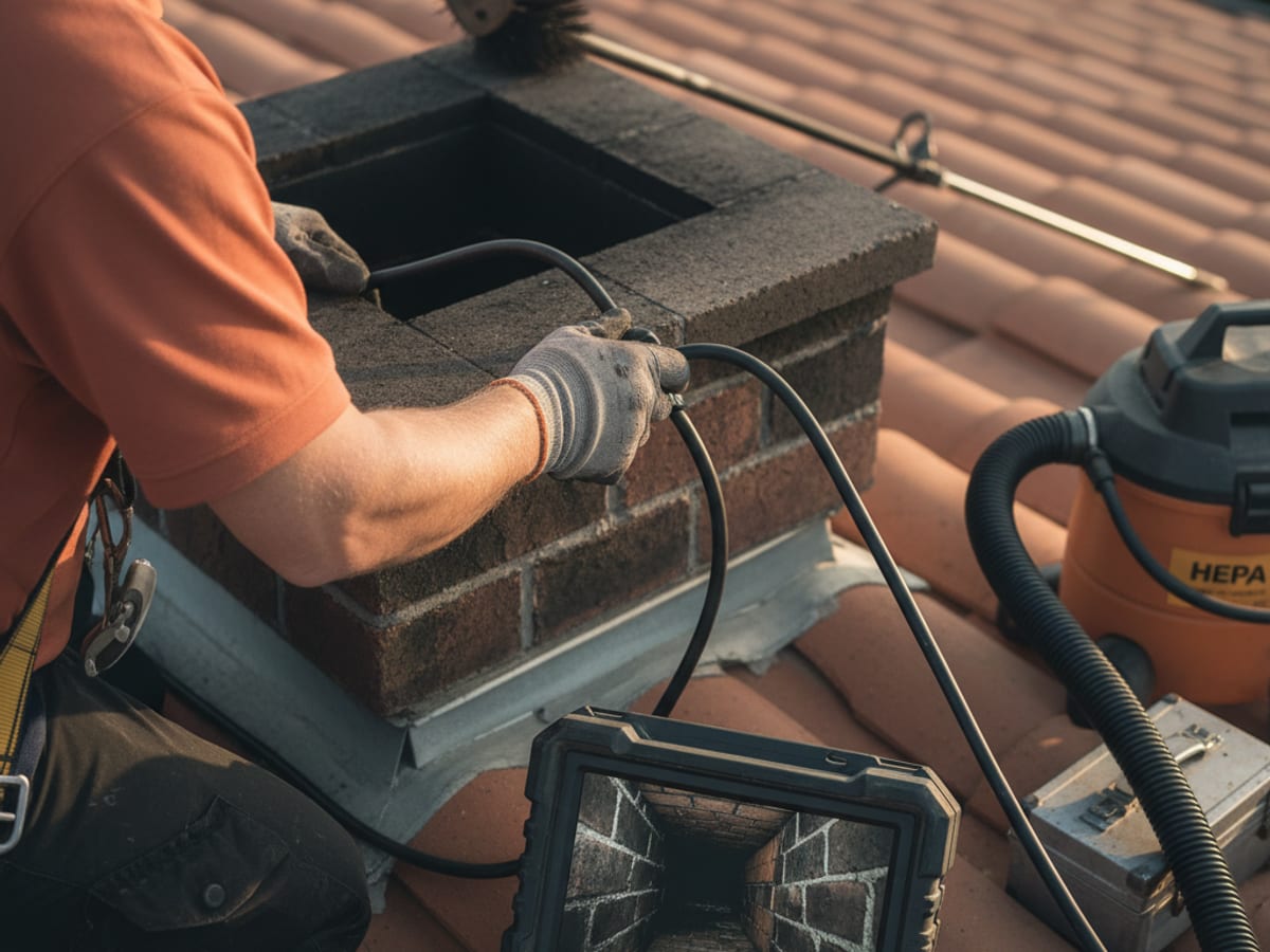 chimney sweep technician using a chimney inspection camera with the monitor showing a brick flue interior