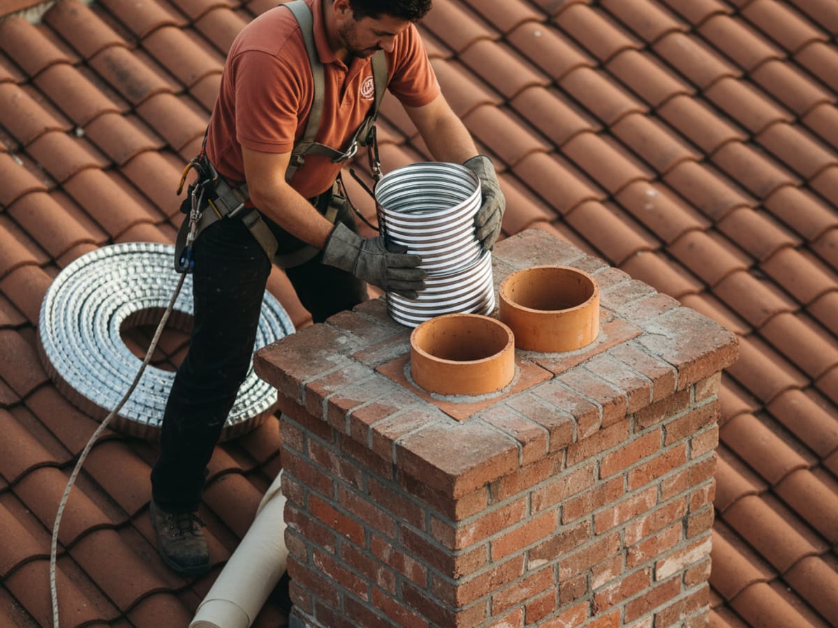 stainless steel chimney liner being lowered down a brick chimney from the roof