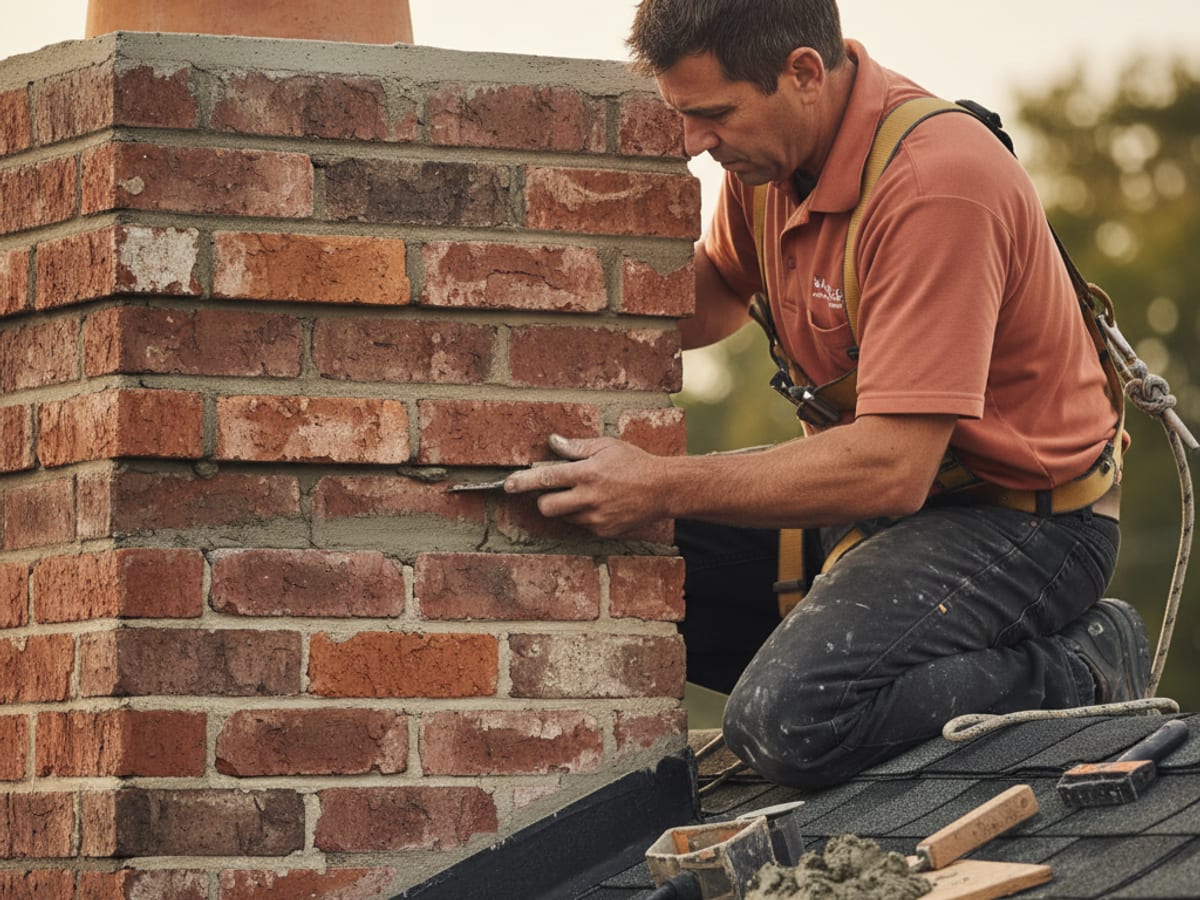 chimney sweep mason in warm terracotta polo repairing brick joints on a masonry chimney