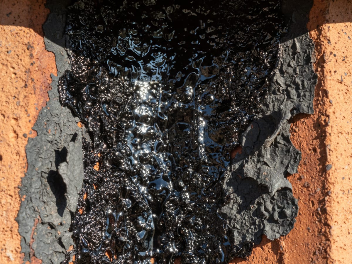 thick black glazed creosote inside a chimney flue, the type that causes chimney fires