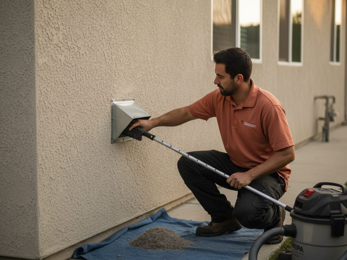 chimney sweep technician cleaning a clogged dryer vent on the side of a San Diego home
