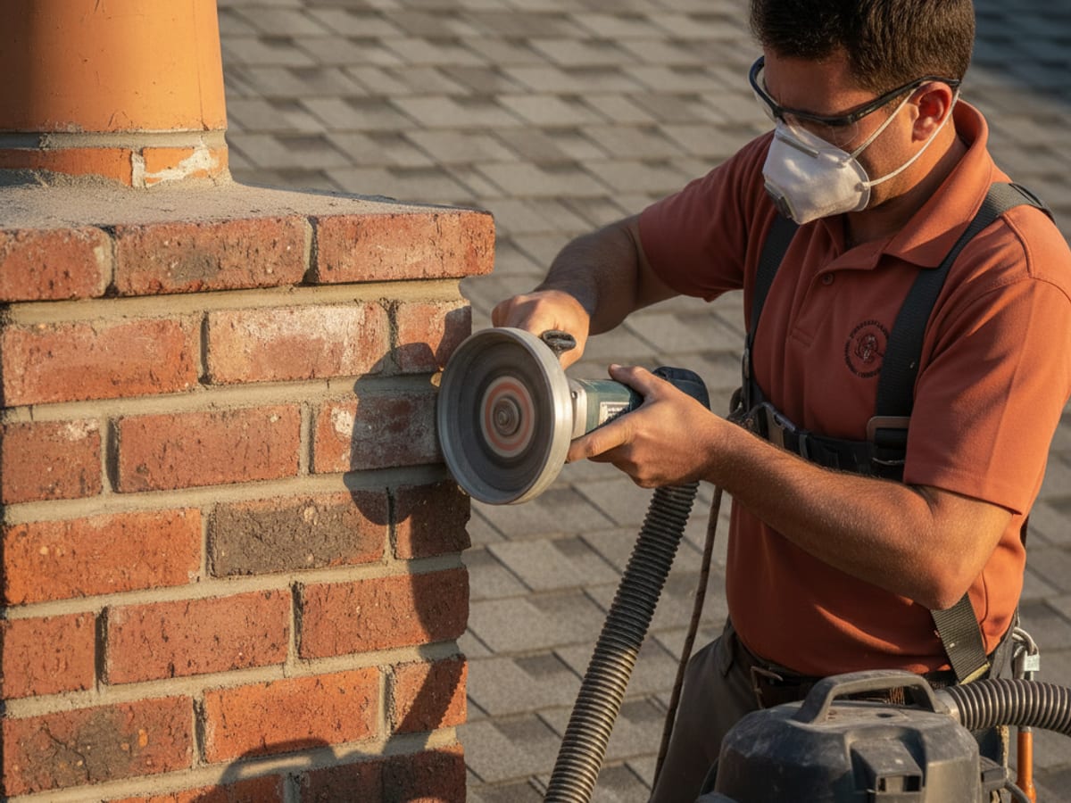chimney sweep mason in warm terracotta polo grinding out a failed mortar joint on a brick chimney