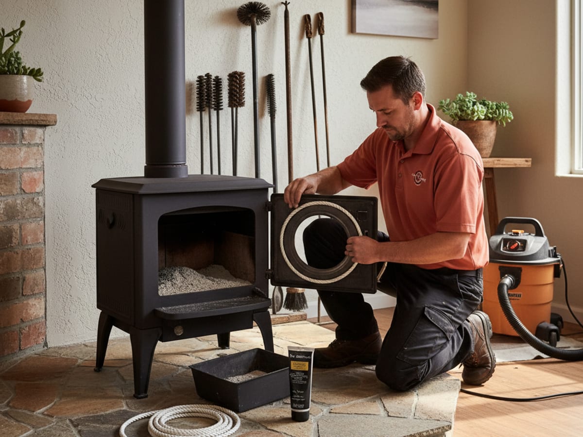 chimney sweep technician servicing a freestanding wood stove with the door open and ash pan removed
